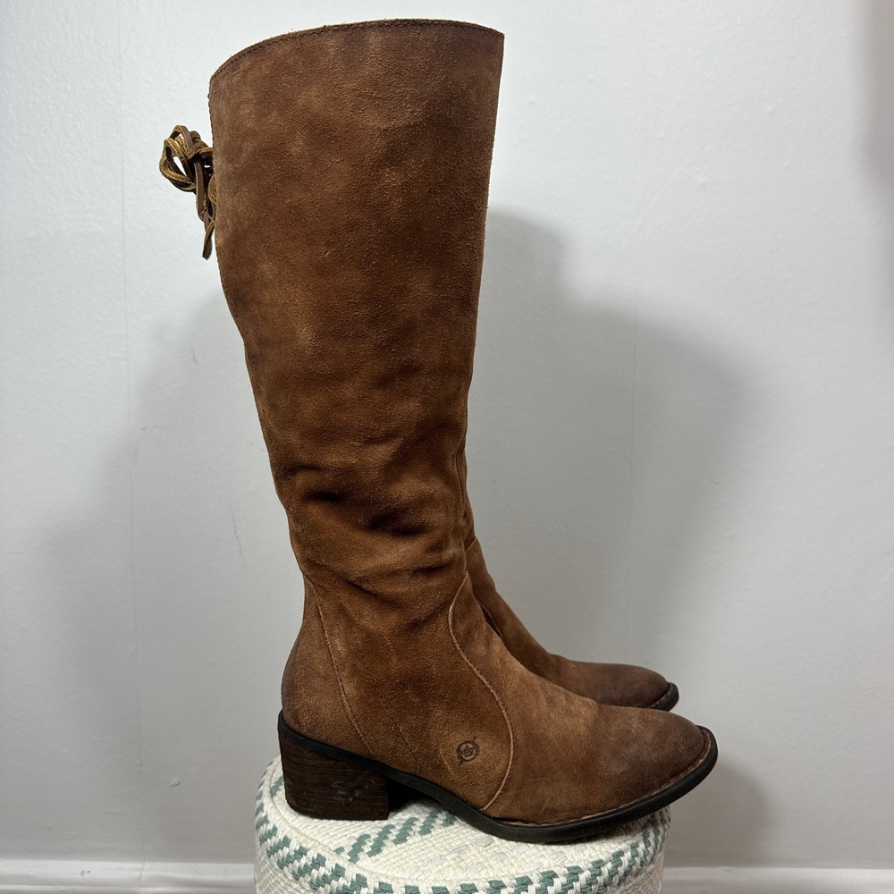 Born Felicia Leather Knee High Boots Brown Distressed Suede Lace Back Women 9.5 - Picture 2 of 16